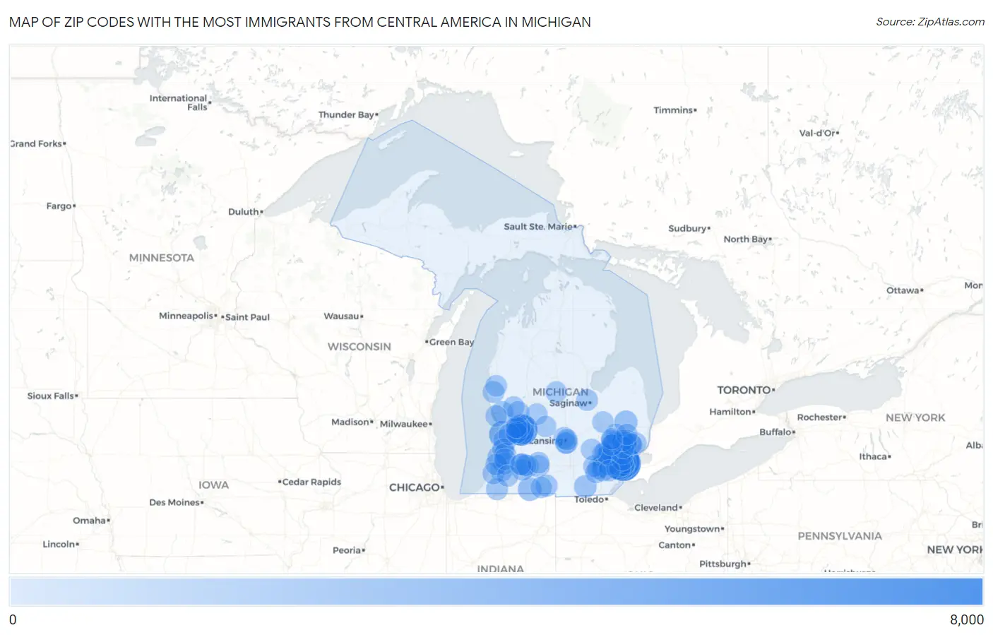 Zip Codes with the Most Immigrants from Central America in Michigan Map