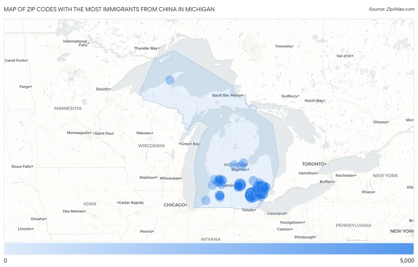 Zip Codes with the Most Immigrants from China in Michigan Map