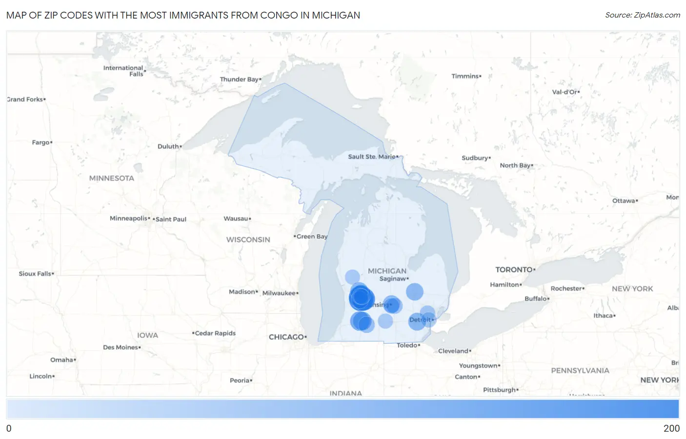 Zip Codes with the Most Immigrants from Congo in Michigan Map