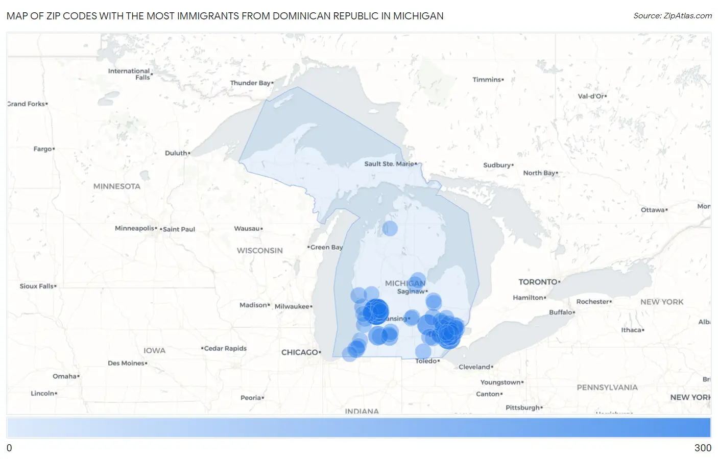 Zip Codes with the Most Immigrants from Dominican Republic in Michigan Map