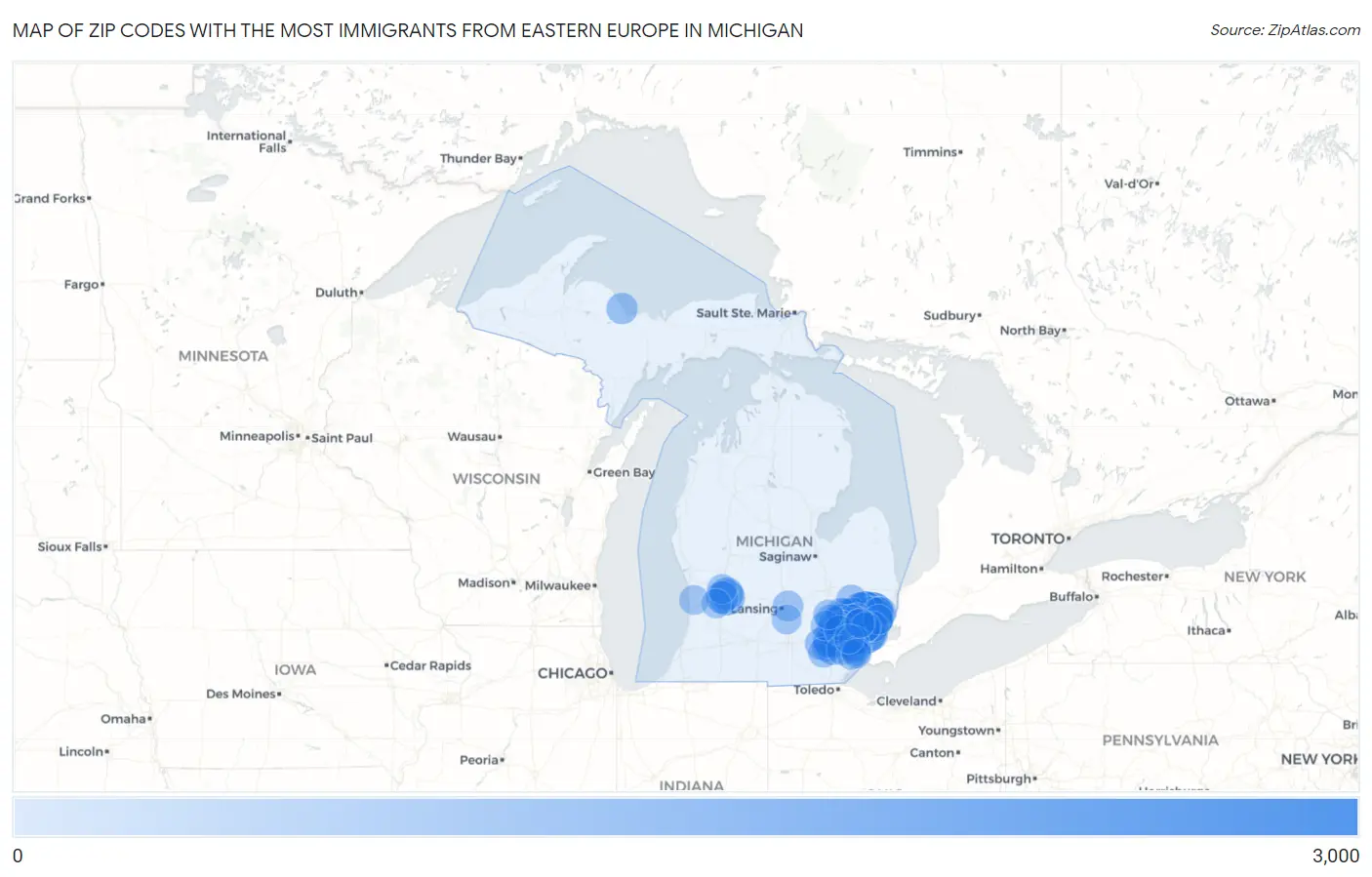 Zip Codes with the Most Immigrants from Eastern Europe in Michigan Map