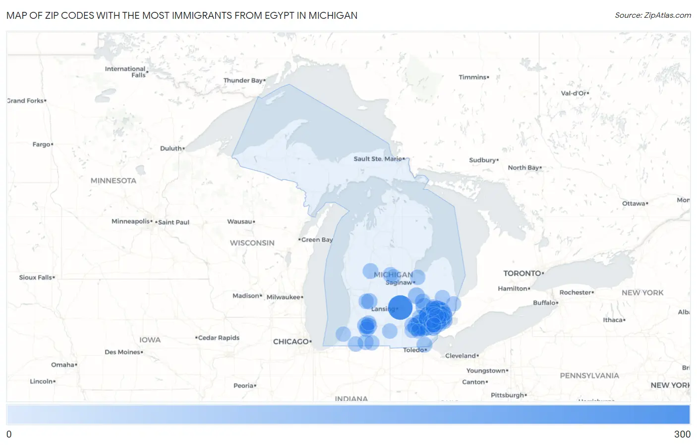 Zip Codes with the Most Immigrants from Egypt in Michigan Map