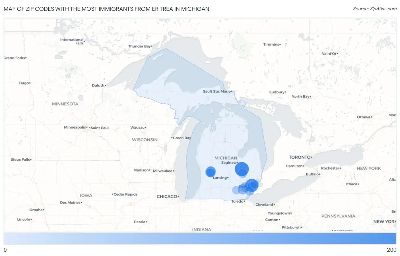 Zip Codes with the Most Immigrants from Eritrea in Michigan Map