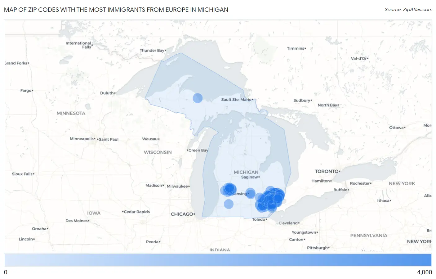 Zip Codes with the Most Immigrants from Europe in Michigan Map