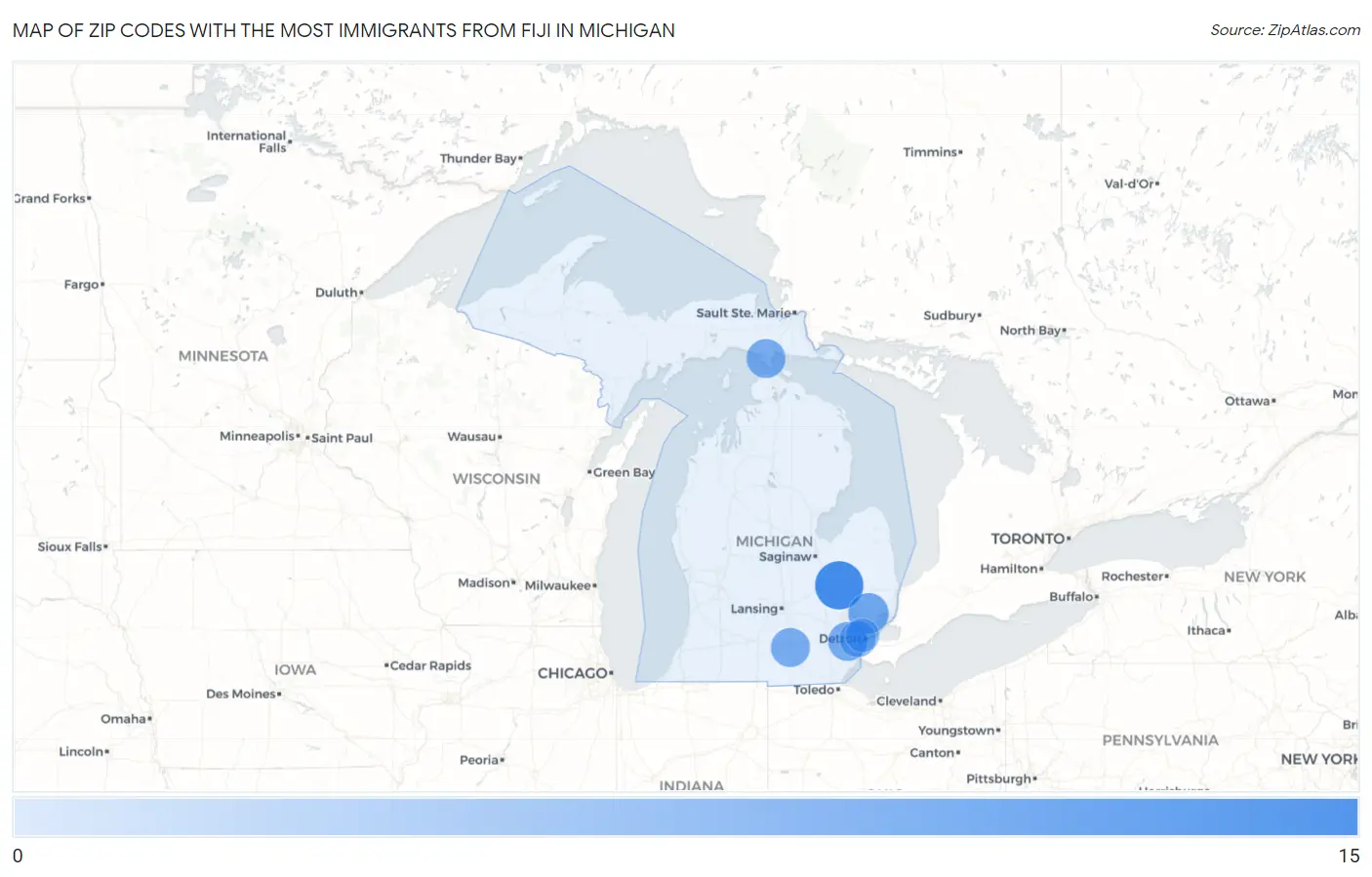 Zip Codes with the Most Immigrants from Fiji in Michigan Map