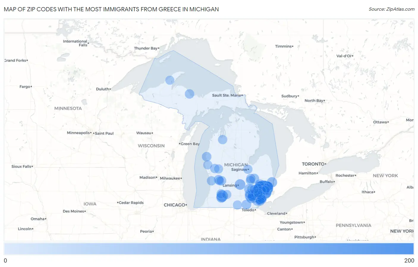 Zip Codes with the Most Immigrants from Greece in Michigan Map