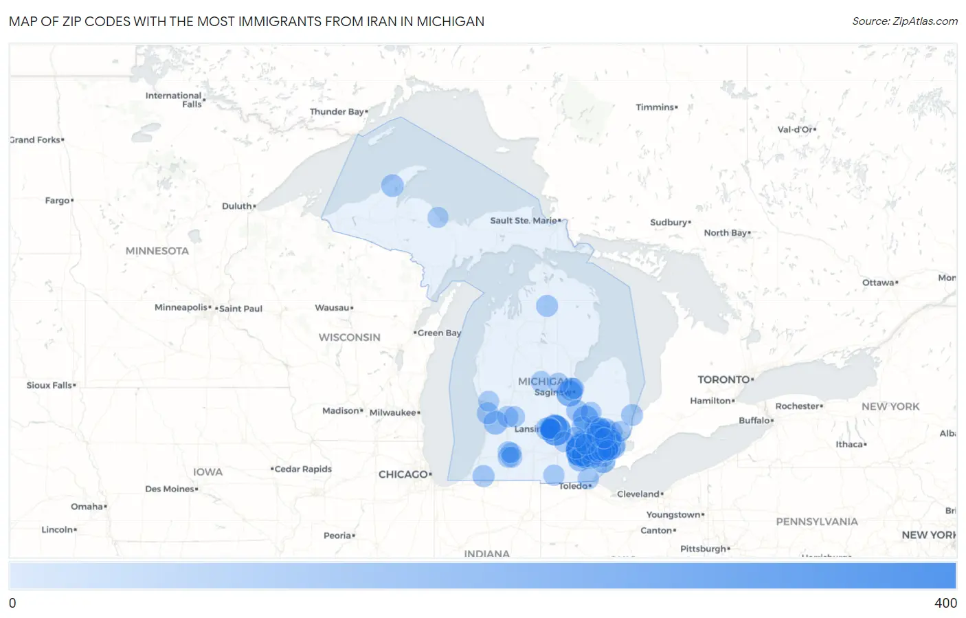 Zip Codes with the Most Immigrants from Iran in Michigan Map