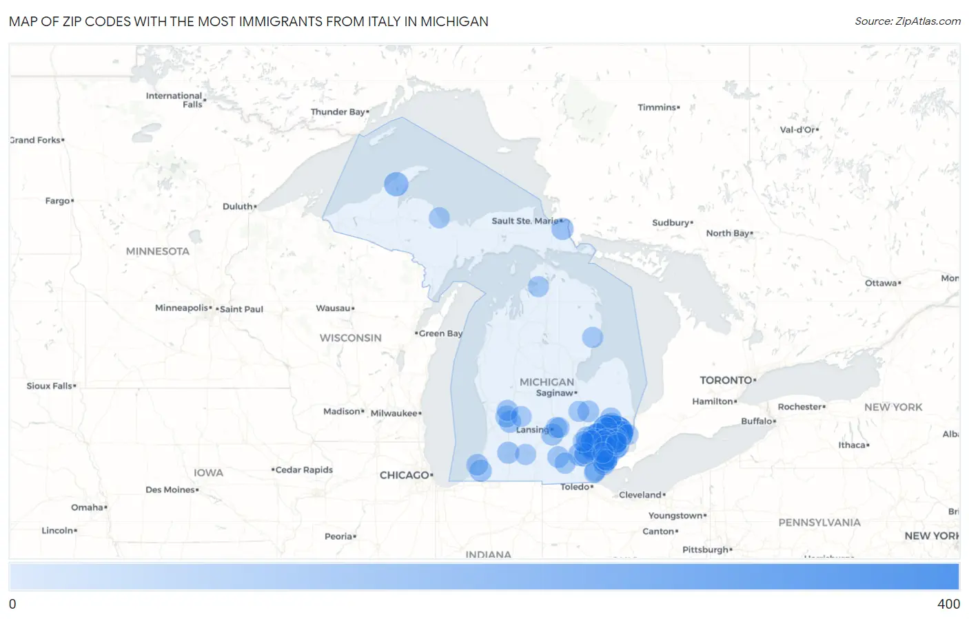 Zip Codes with the Most Immigrants from Italy in Michigan Map