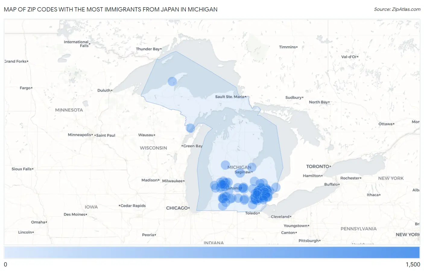 Zip Codes with the Most Immigrants from Japan in Michigan Map