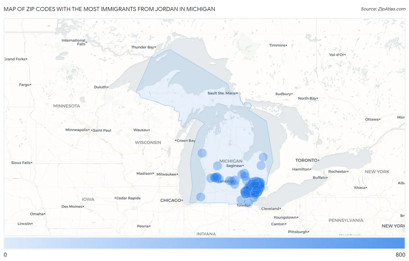 Zip Codes with the Most Immigrants from Jordan in Michigan Map