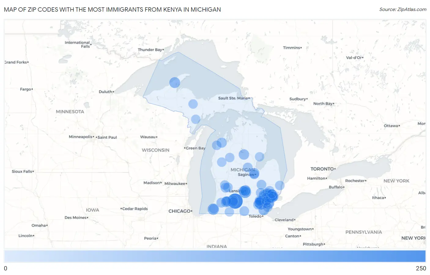 Zip Codes with the Most Immigrants from Kenya in Michigan Map