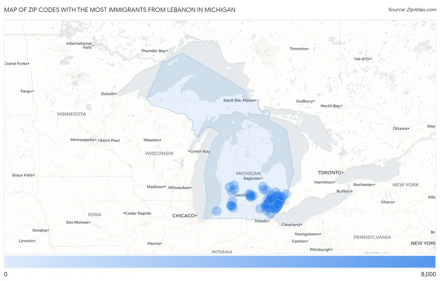 Zip Codes with the Most Immigrants from Lebanon in Michigan Map