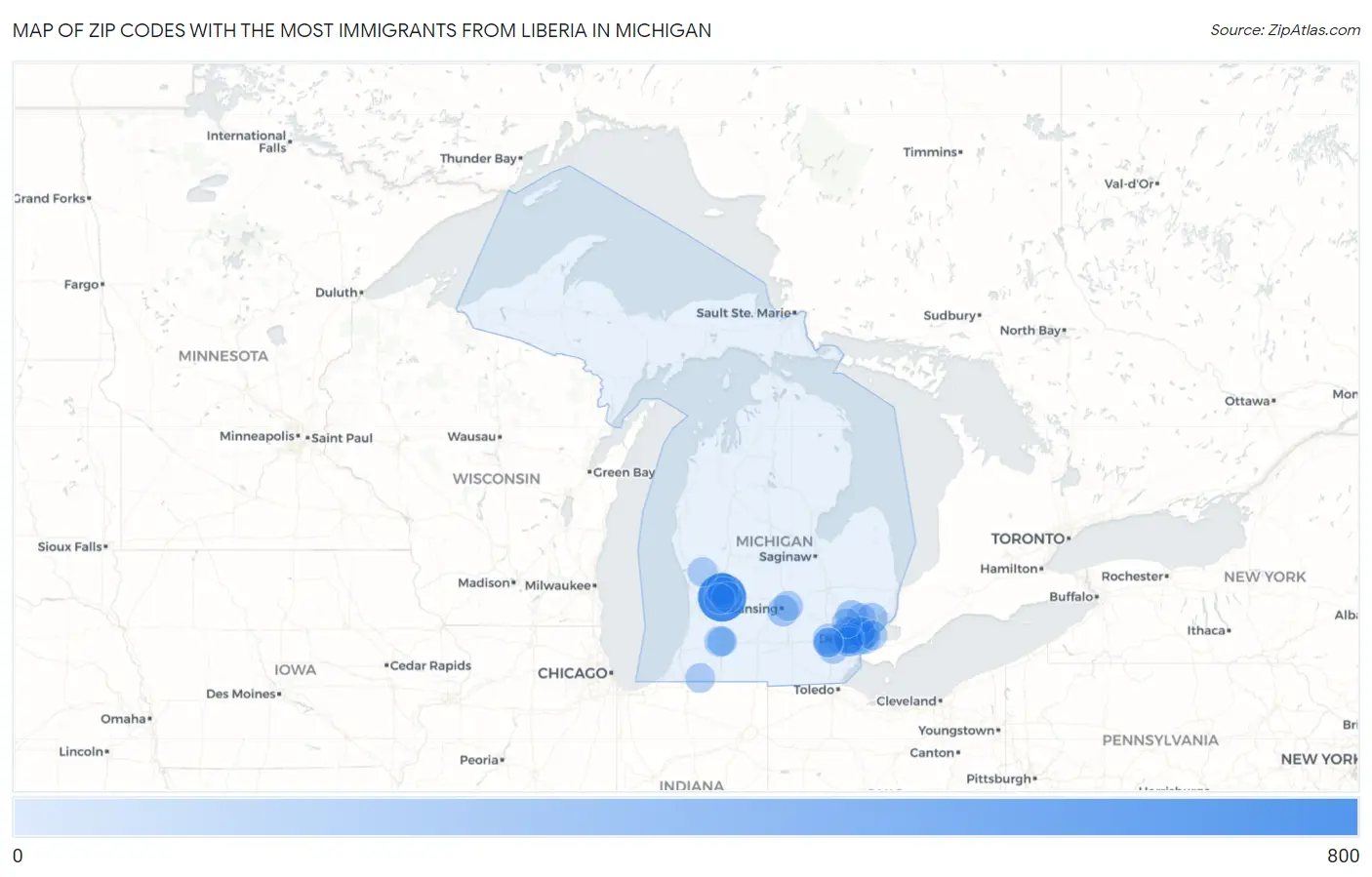 Zip Codes with the Most Immigrants from Liberia in Michigan Map