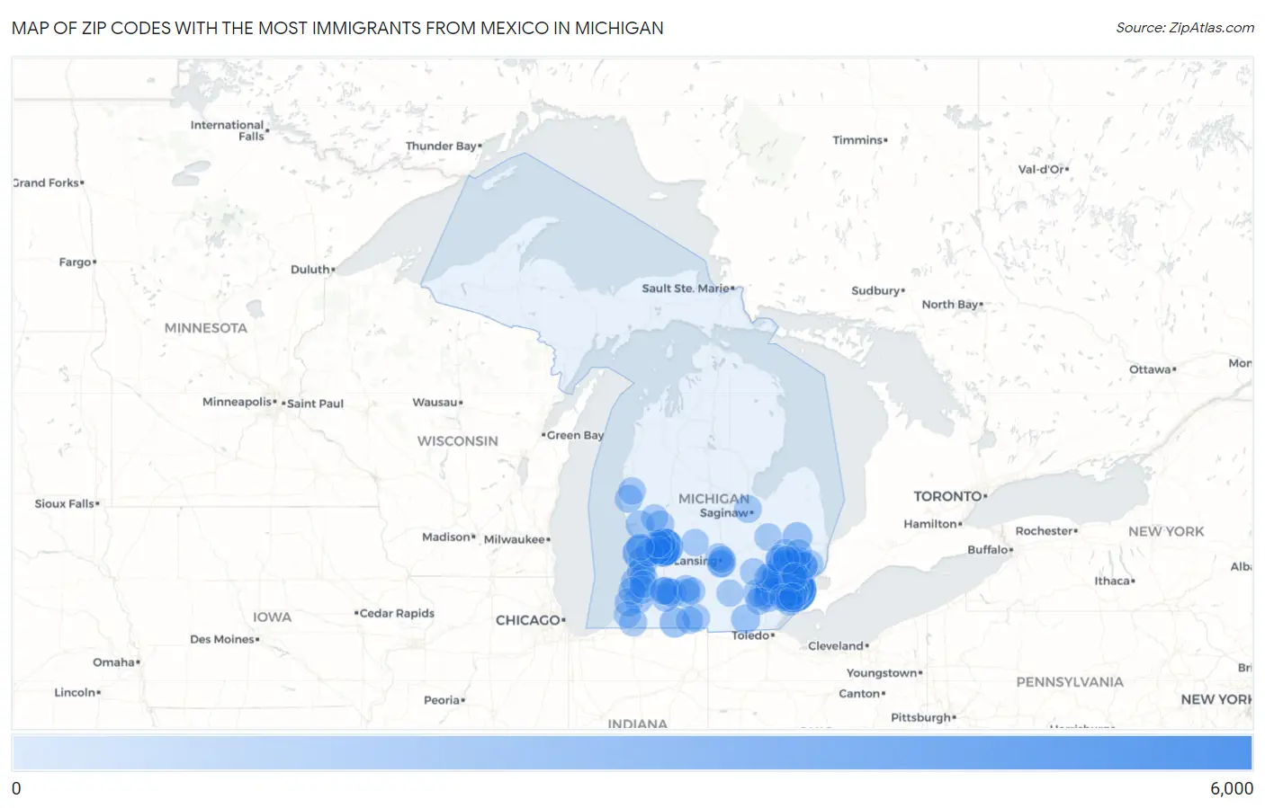 Zip Codes with the Most Immigrants from Mexico in Michigan Map