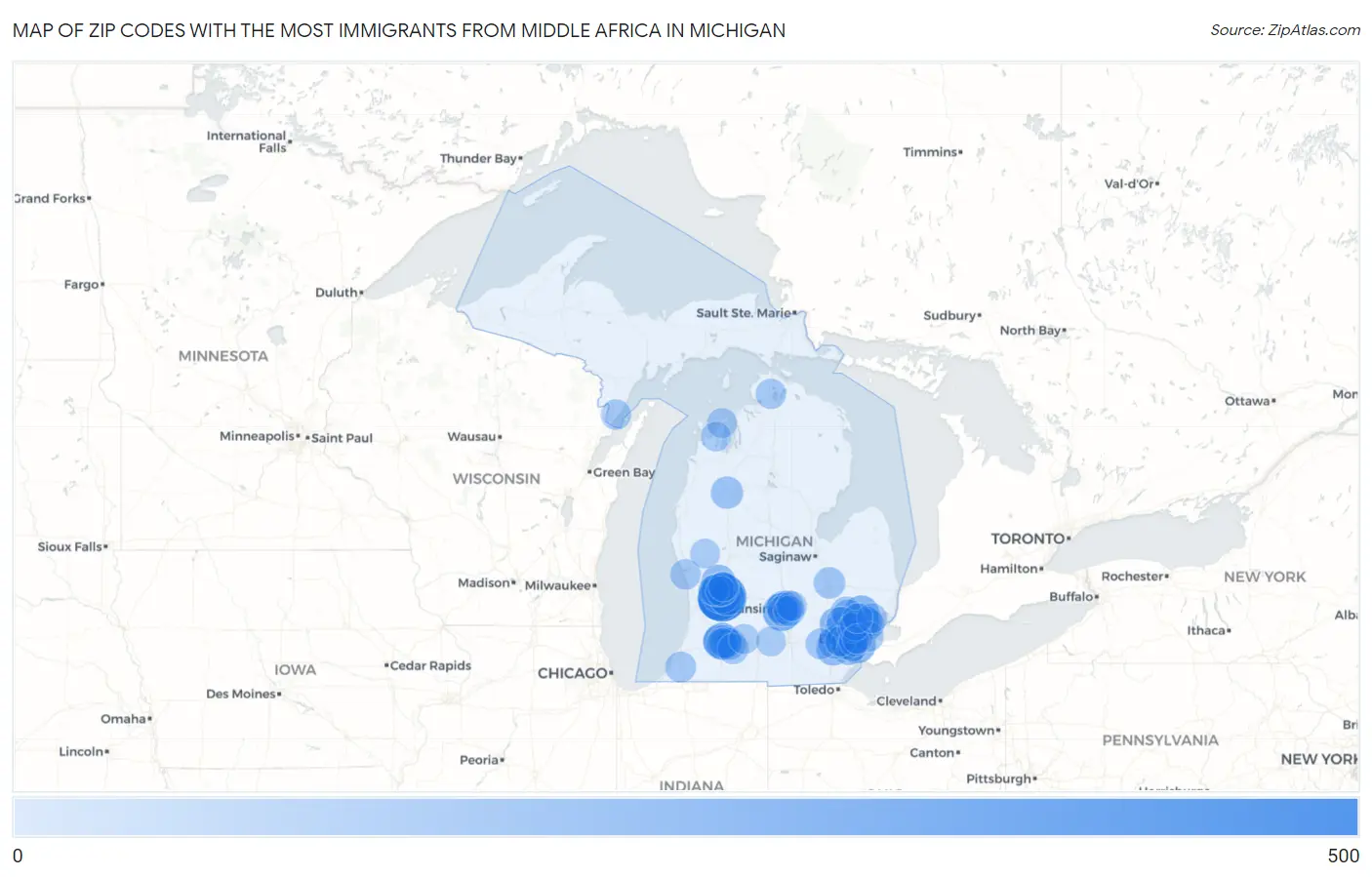 Zip Codes with the Most Immigrants from Middle Africa in Michigan Map