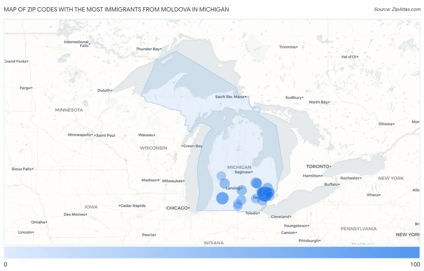Zip Codes with the Most Immigrants from Moldova in Michigan Map