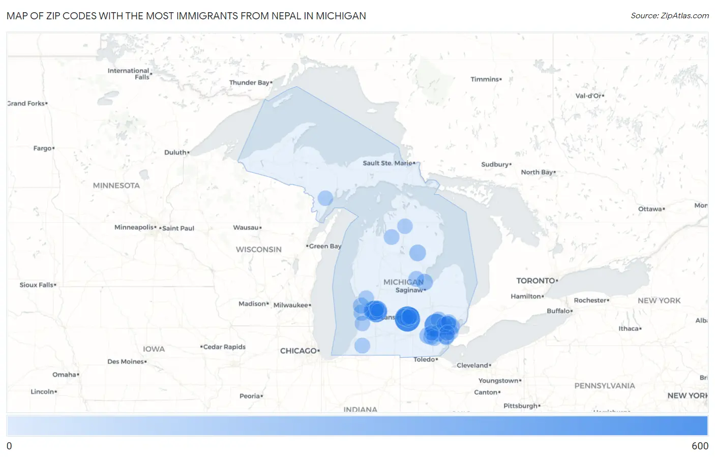 Zip Codes with the Most Immigrants from Nepal in Michigan Map