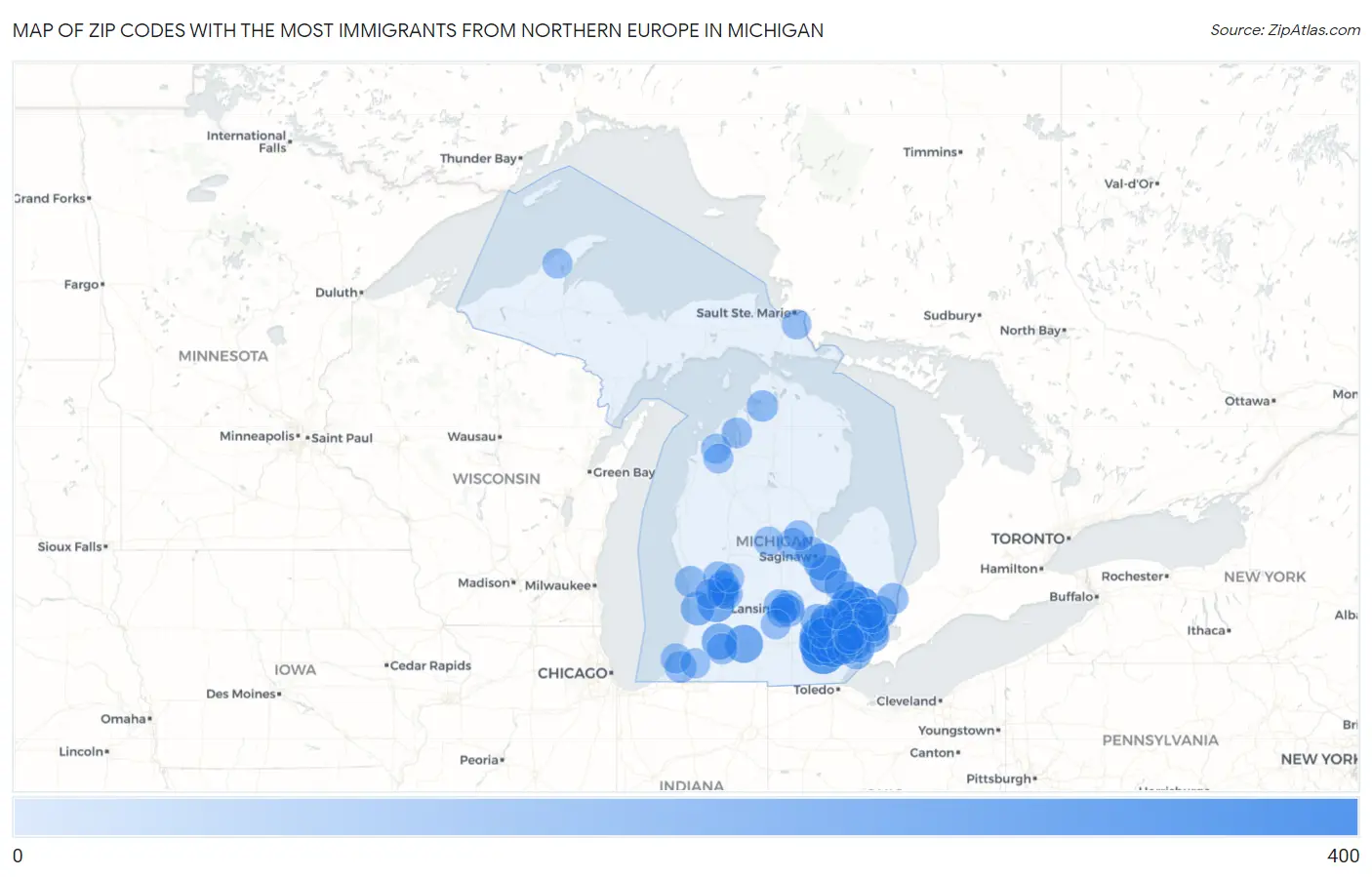 Zip Codes with the Most Immigrants from Northern Europe in Michigan Map