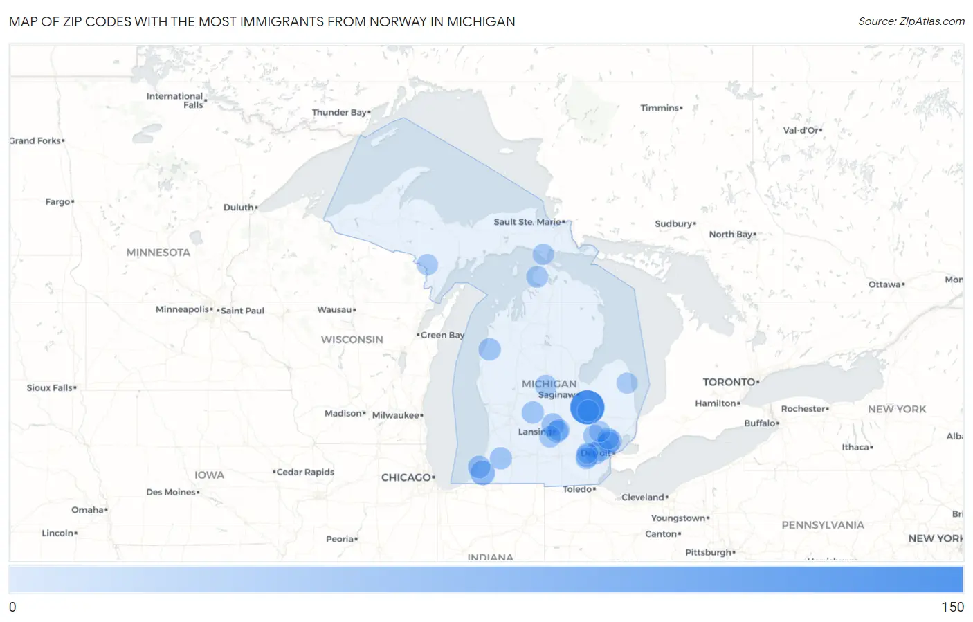 Zip Codes with the Most Immigrants from Norway in Michigan Map