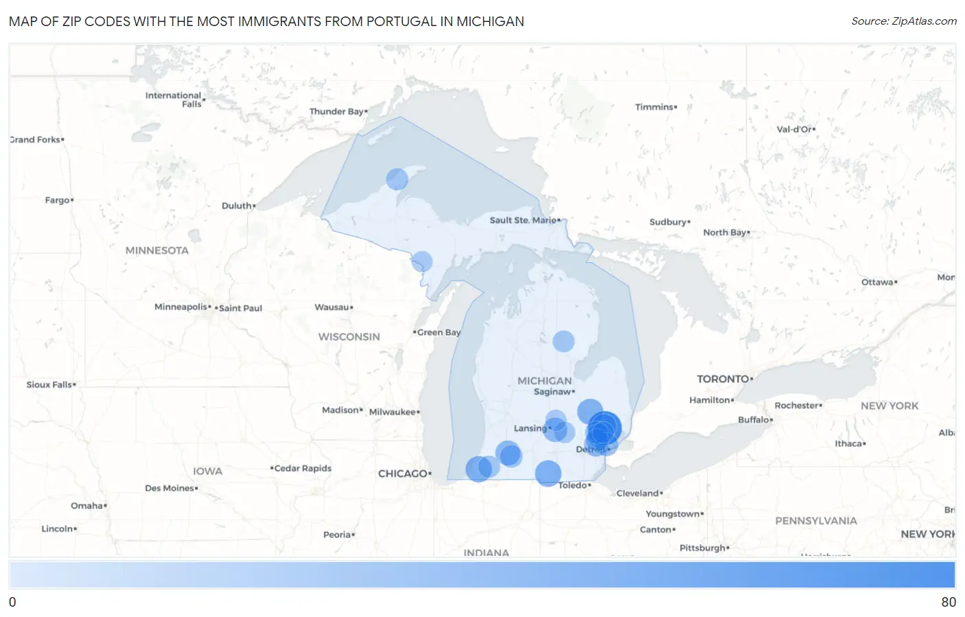 Zip Codes with the Most Immigrants from Portugal in Michigan Map