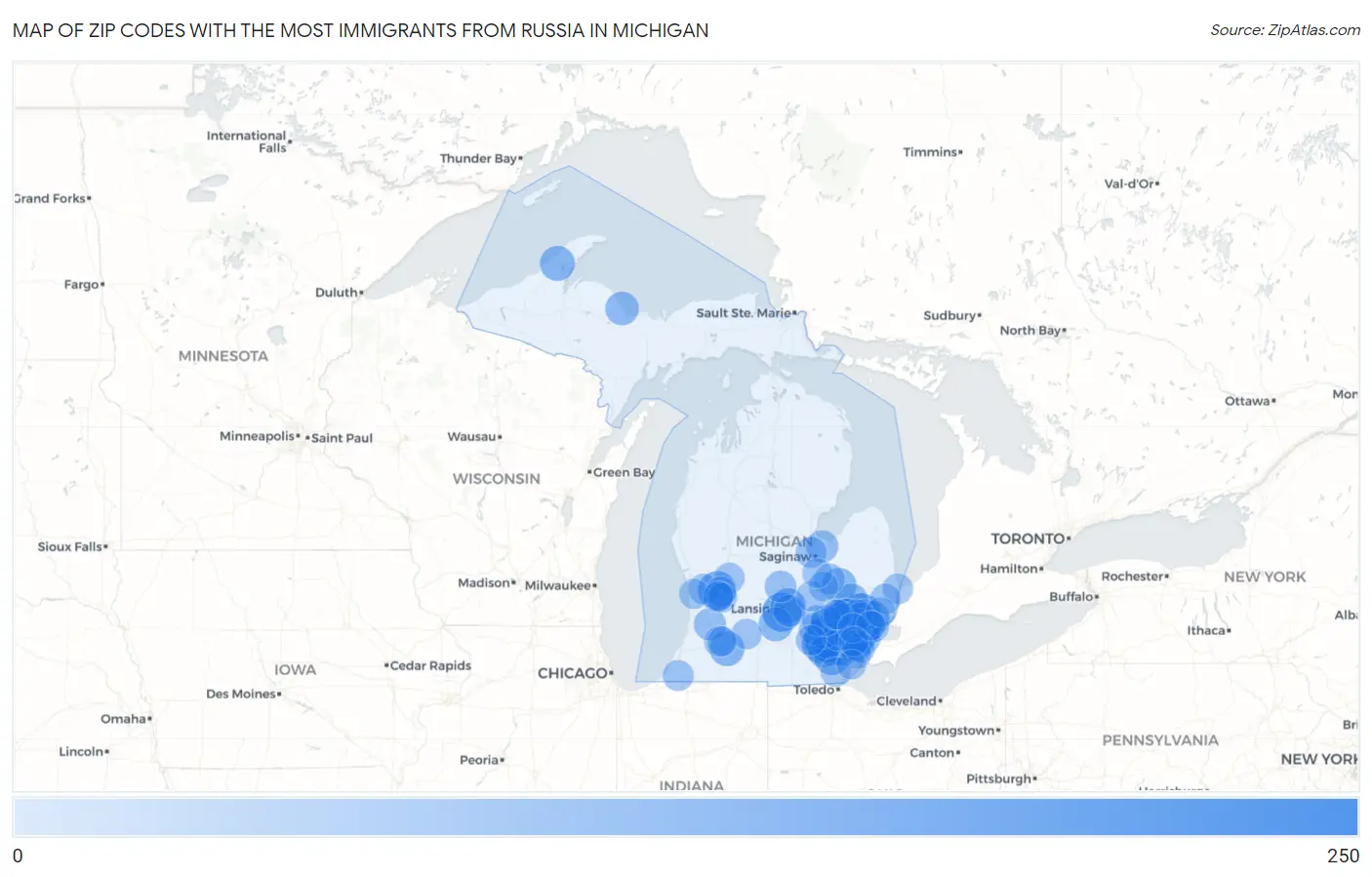 Zip Codes with the Most Immigrants from Russia in Michigan Map