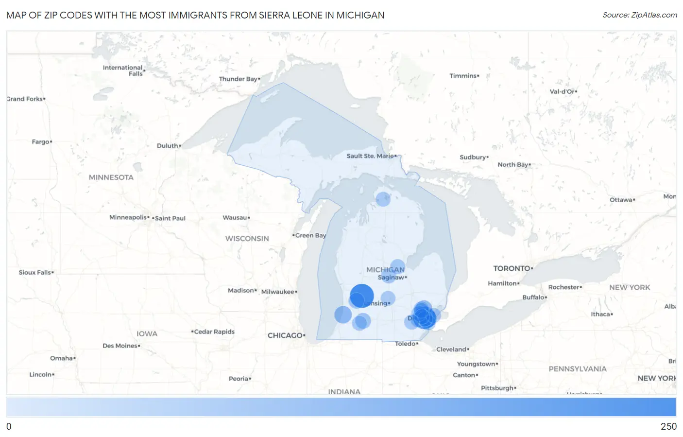 Zip Codes with the Most Immigrants from Sierra Leone in Michigan Map