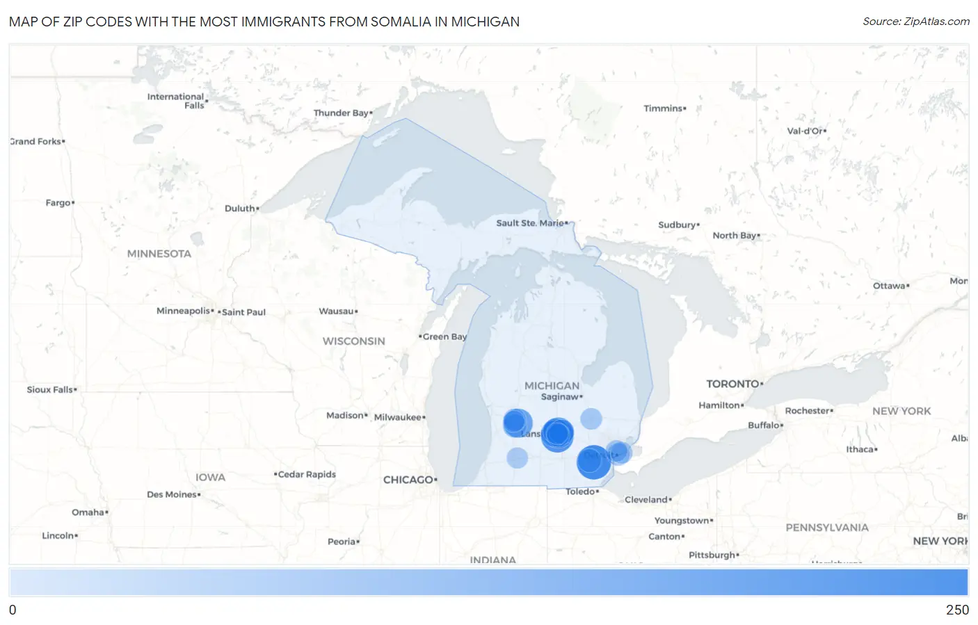 Zip Codes with the Most Immigrants from Somalia in Michigan Map