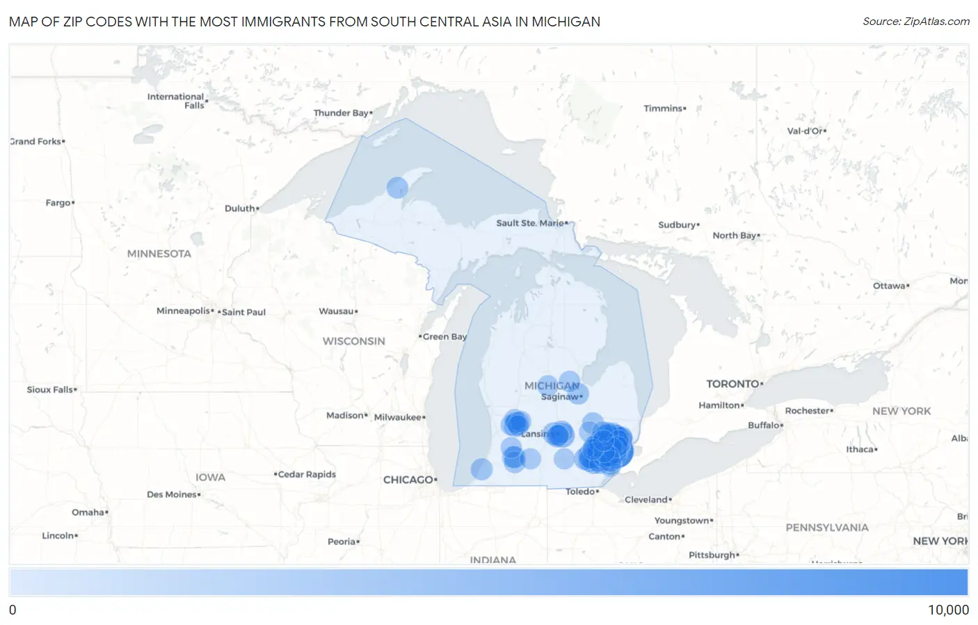 Zip Codes with the Most Immigrants from South Central Asia in Michigan Map
