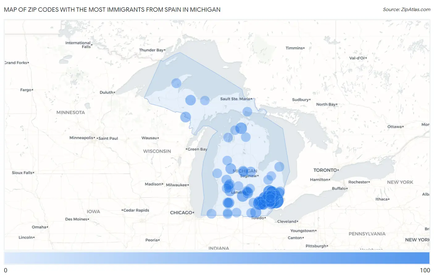 Zip Codes with the Most Immigrants from Spain in Michigan Map