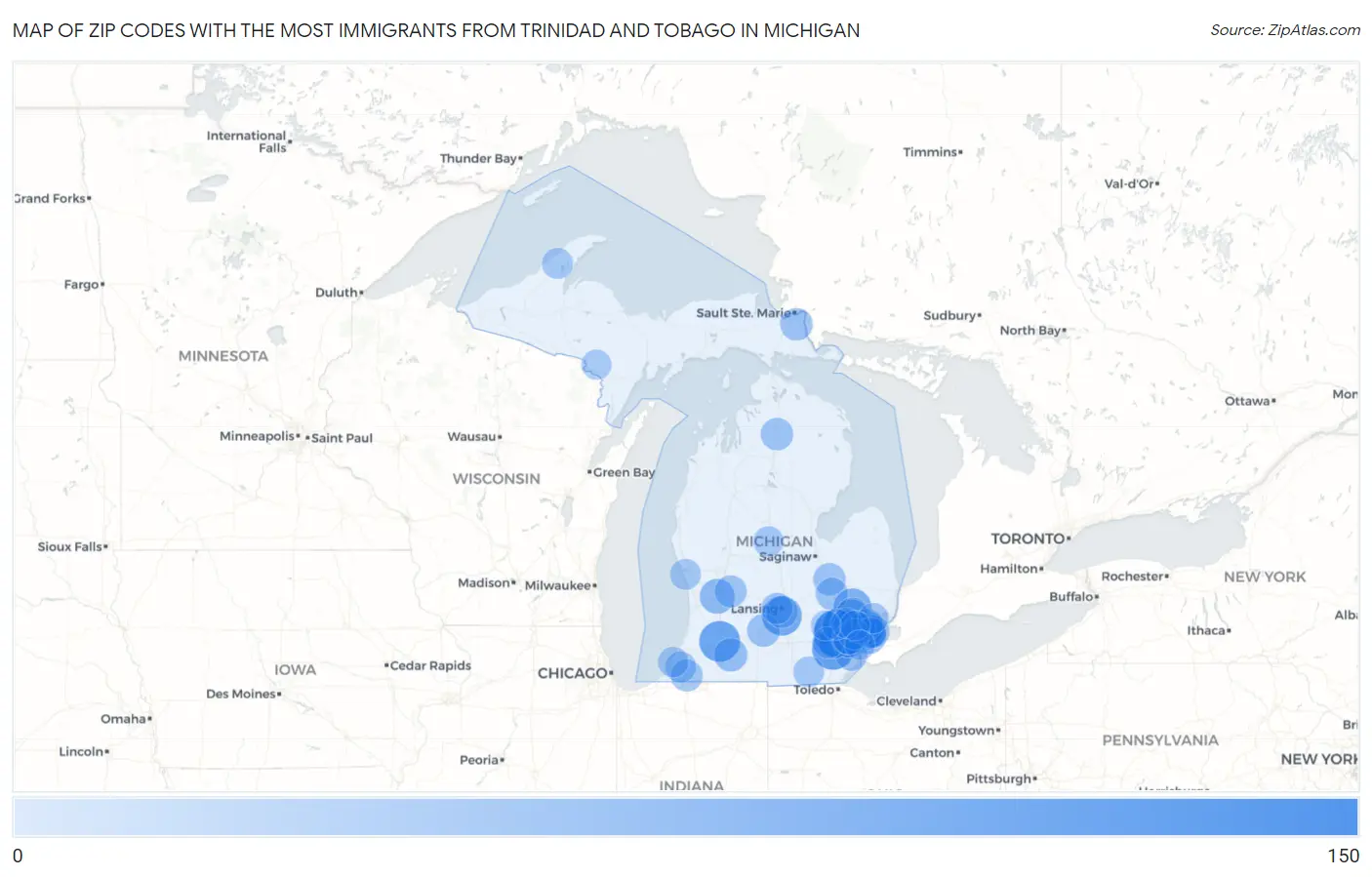 Zip Codes with the Most Immigrants from Trinidad and Tobago in Michigan Map