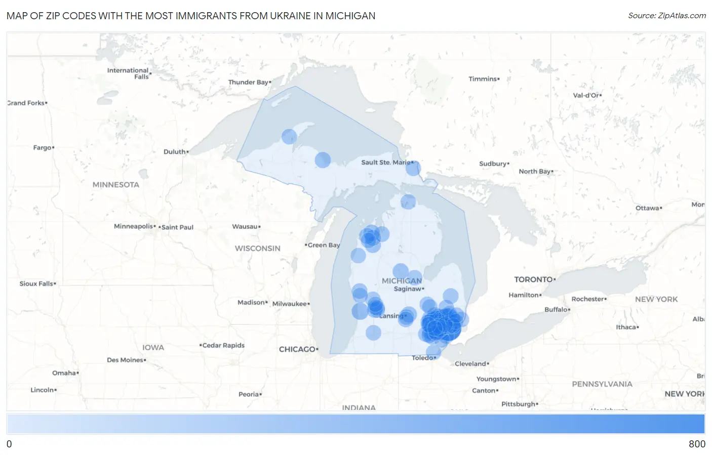 Zip Codes with the Most Immigrants from Ukraine in Michigan Map