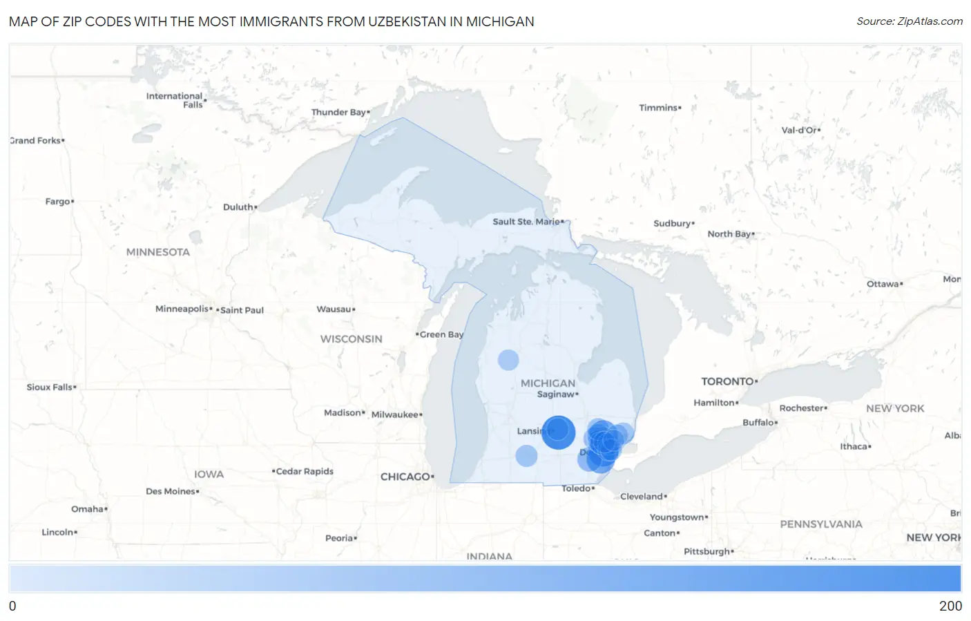 Zip Codes with the Most Immigrants from Uzbekistan in Michigan Map