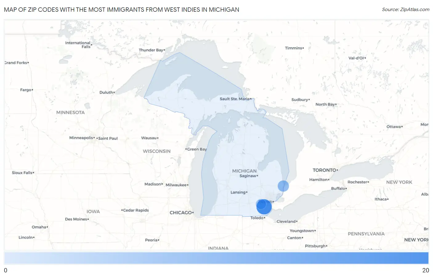Zip Codes with the Most Immigrants from West Indies in Michigan Map