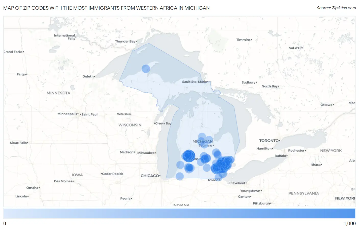 Zip Codes with the Most Immigrants from Western Africa in Michigan Map