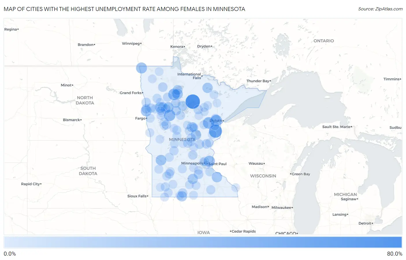 Cities with the Highest Unemployment Rate Among Females in Minnesota Map