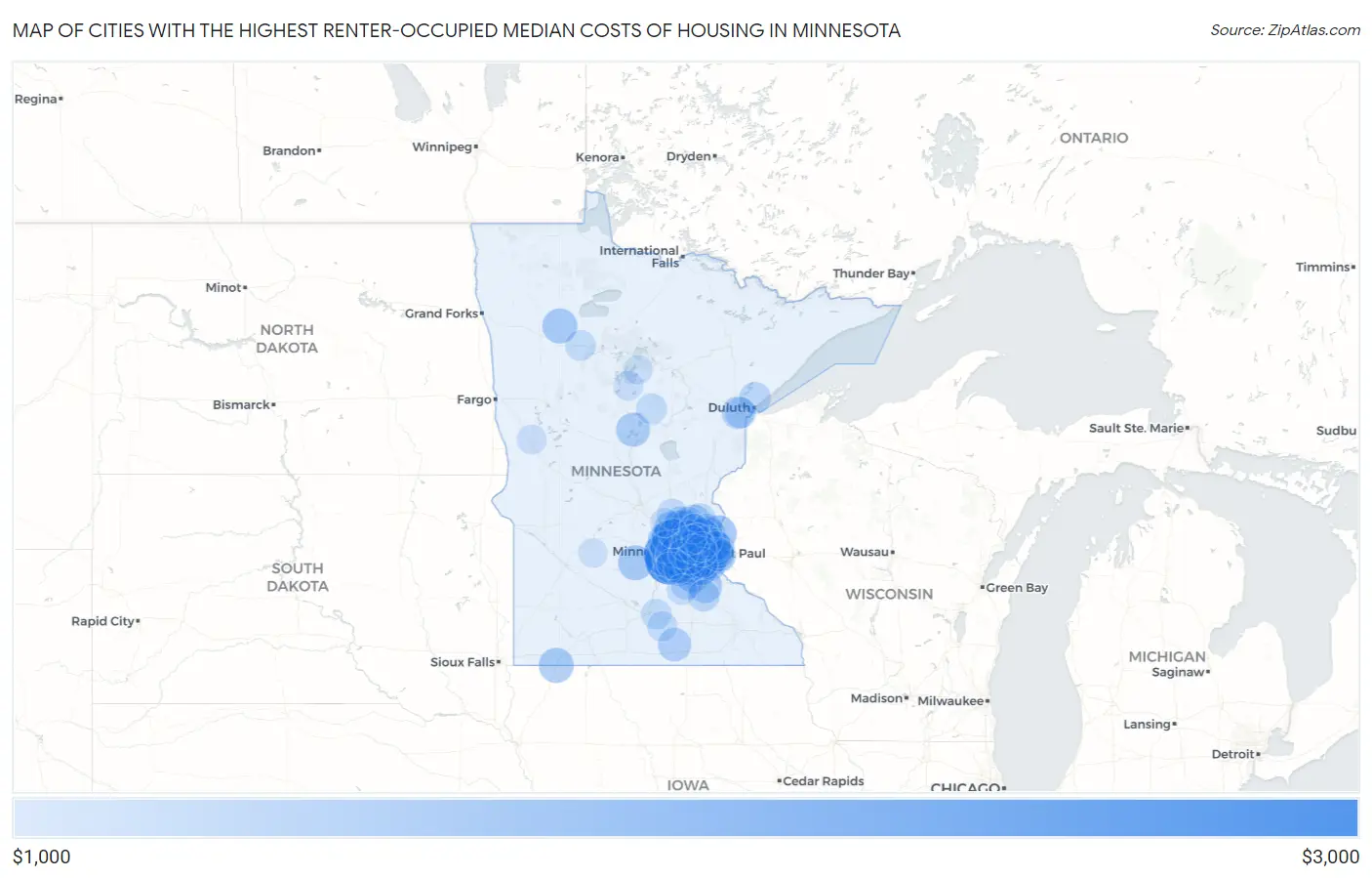 Cities with the Highest Renter-Occupied Median Costs of Housing in Minnesota Map