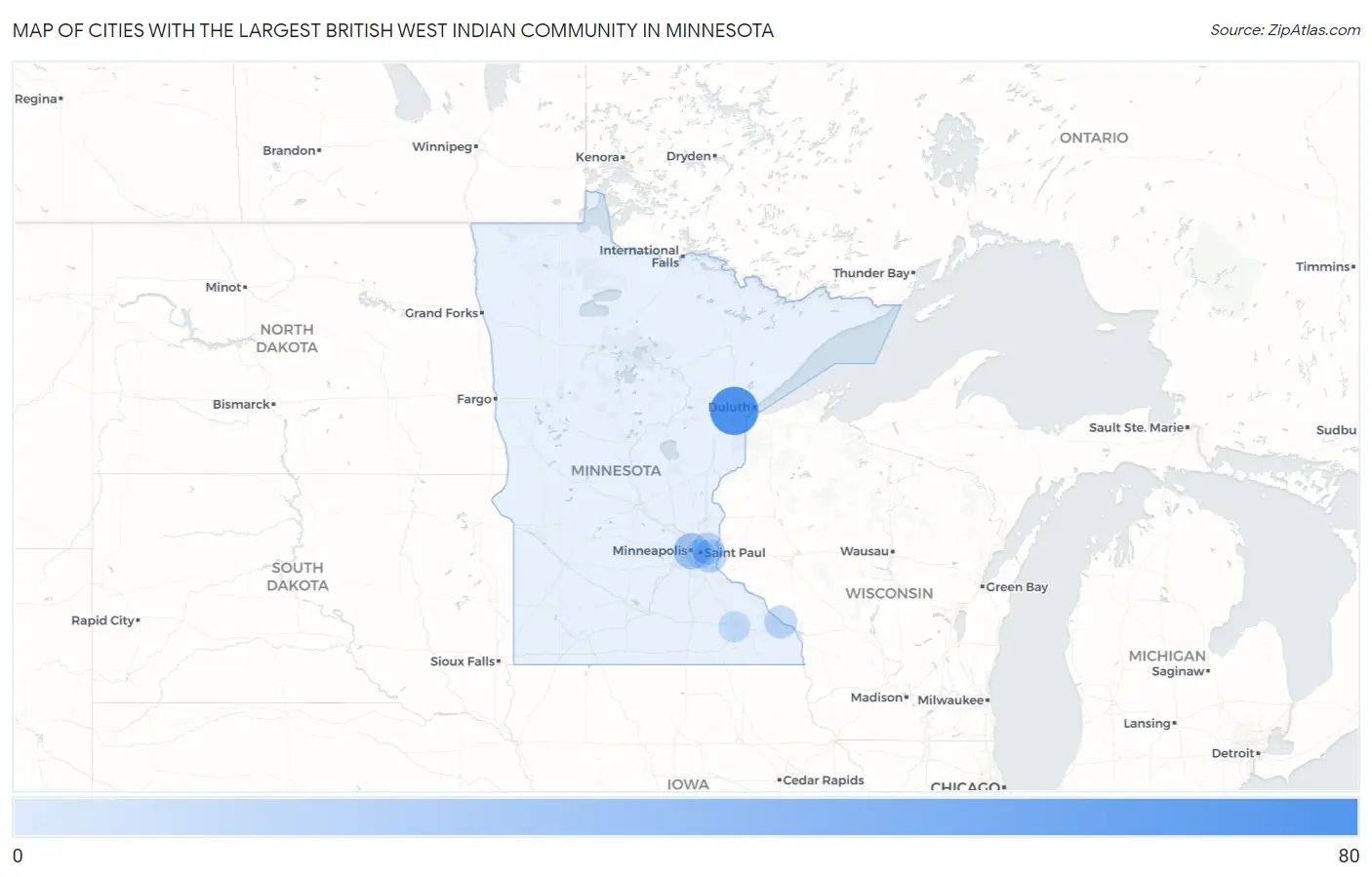 Cities with the Largest British West Indian Community in Minnesota Map