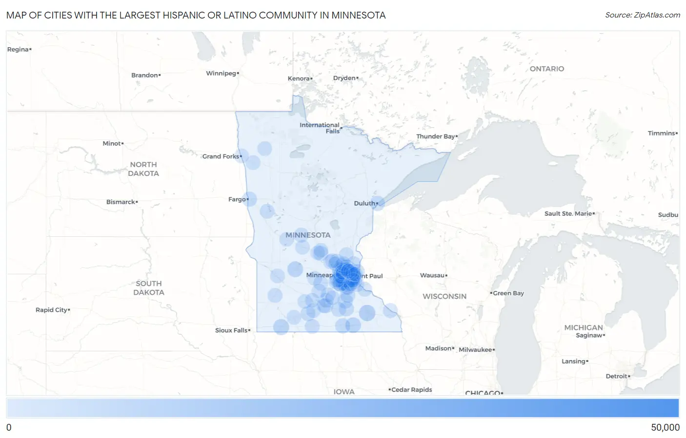 Cities with the Largest Hispanic or Latino Community in Minnesota Map