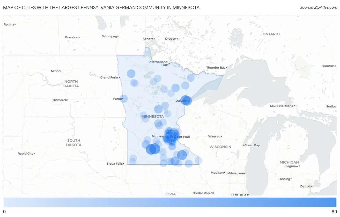 Cities with the Largest Pennsylvania German Community in Minnesota Map