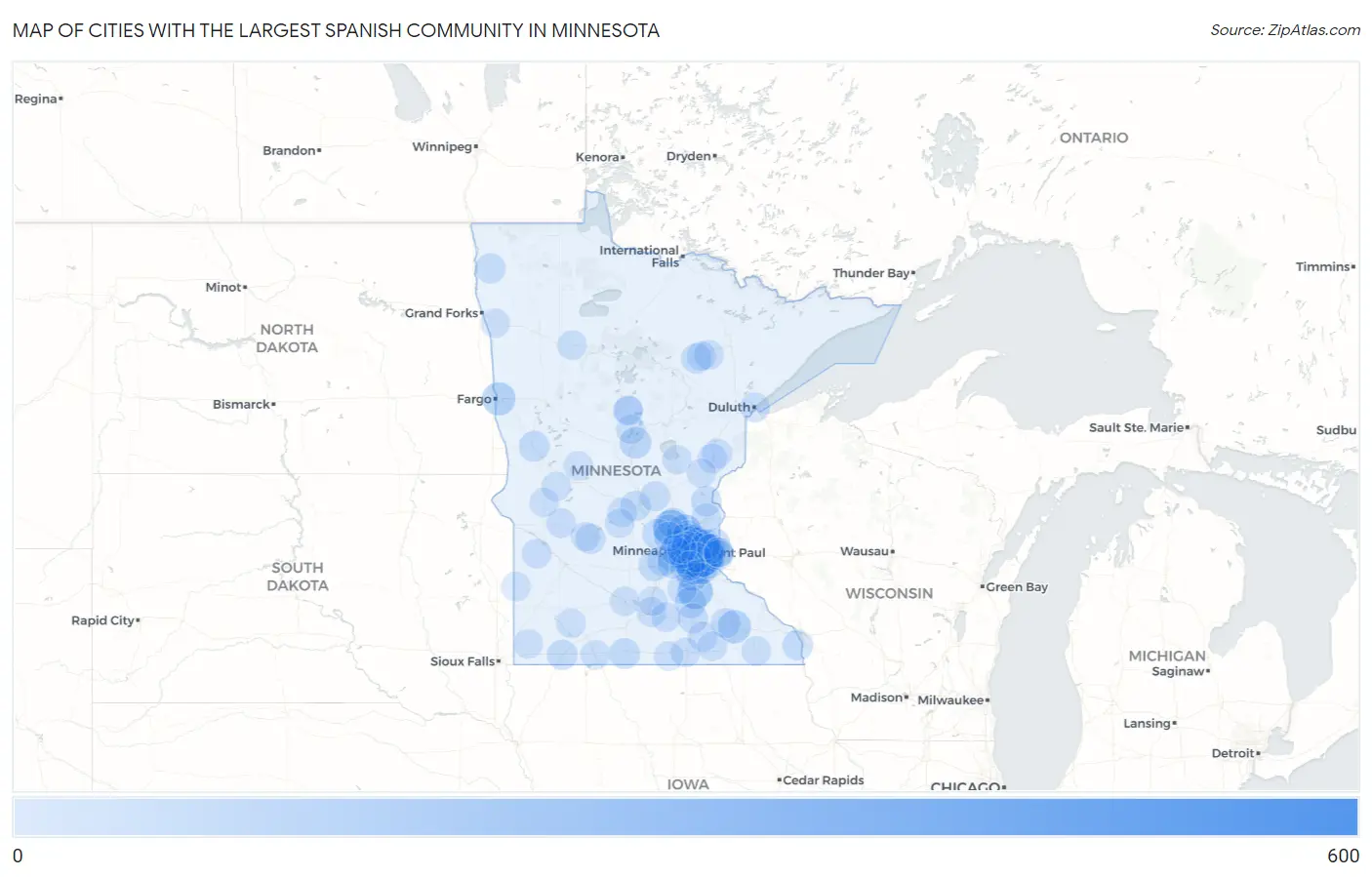 Cities with the Largest Spanish Community in Minnesota Map