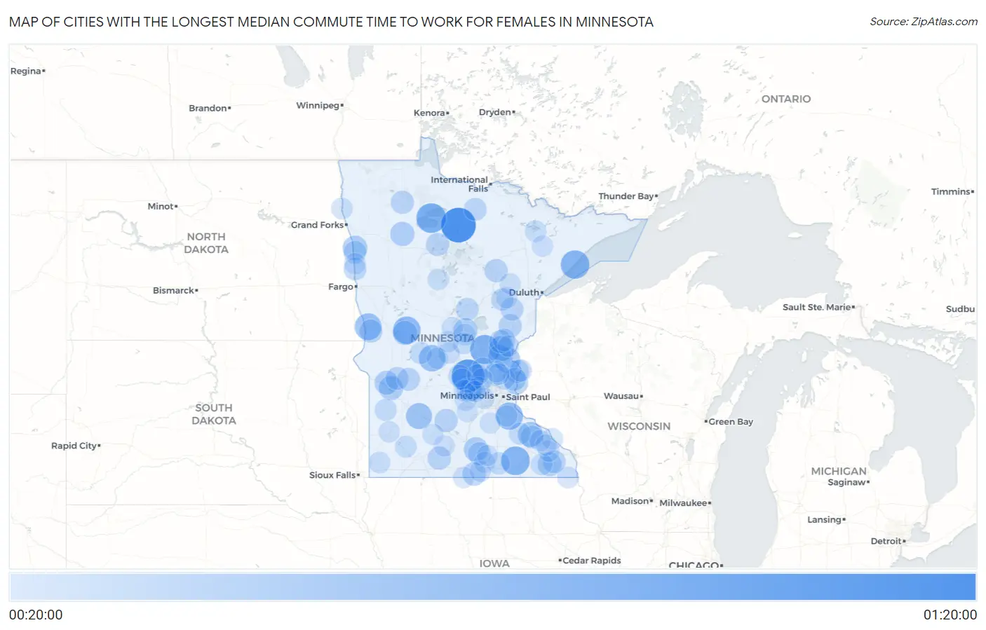 Cities with the Longest Median Commute Time to Work for Females in Minnesota Map