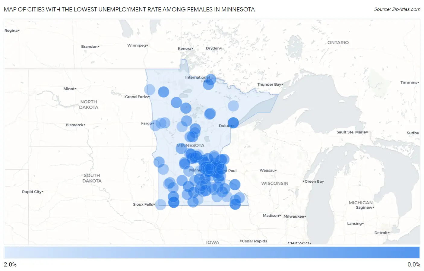 Cities with the Lowest Unemployment Rate Among Females in Minnesota Map