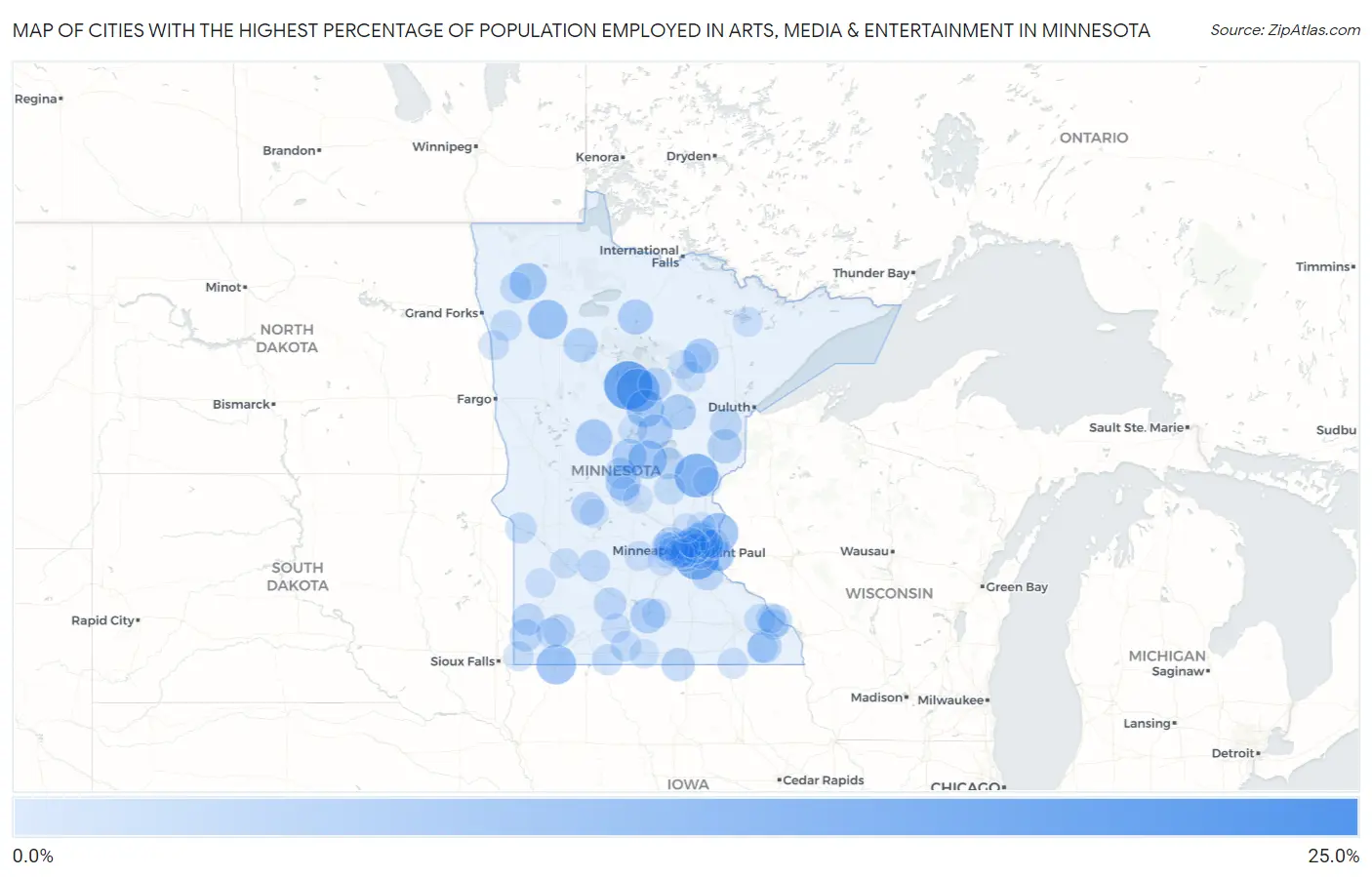 Cities with the Highest Percentage of Population Employed in Arts, Media & Entertainment in Minnesota Map