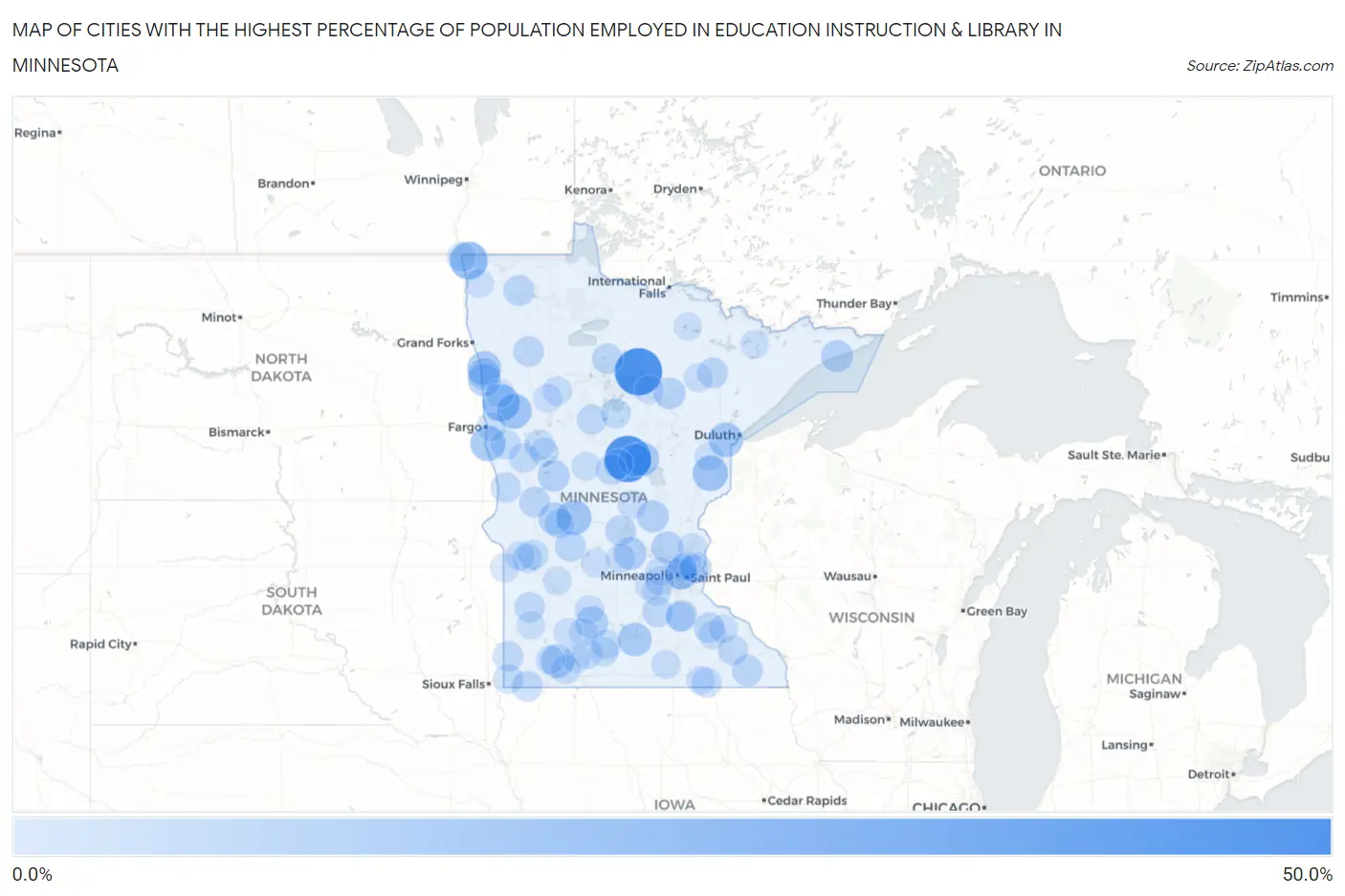 Cities with the Highest Percentage of Population Employed in Education Instruction & Library in Minnesota Map