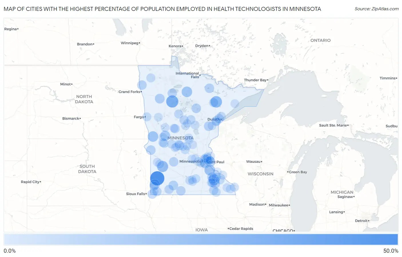 Cities with the Highest Percentage of Population Employed in Health Technologists in Minnesota Map
