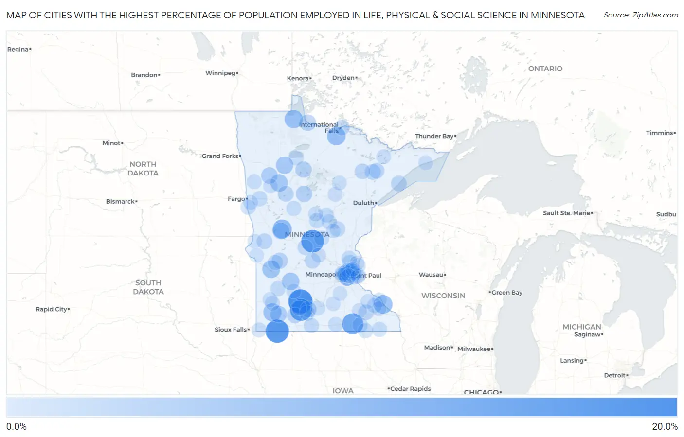 Cities with the Highest Percentage of Population Employed in Life, Physical & Social Science in Minnesota Map