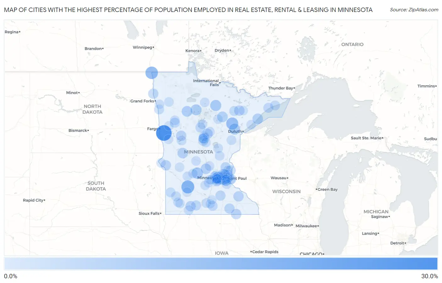 Cities with the Highest Percentage of Population Employed in Real Estate, Rental & Leasing in Minnesota Map