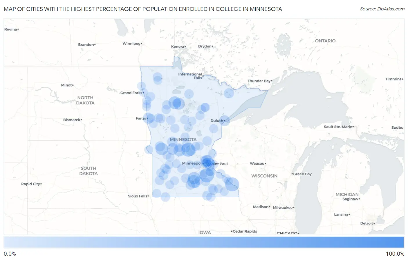 Cities with the Highest Percentage of Population Enrolled in College in Minnesota Map