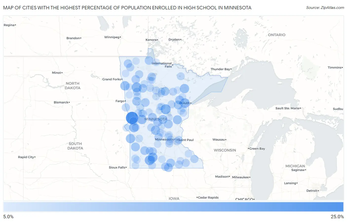 Cities with the Highest Percentage of Population Enrolled in High School in Minnesota Map