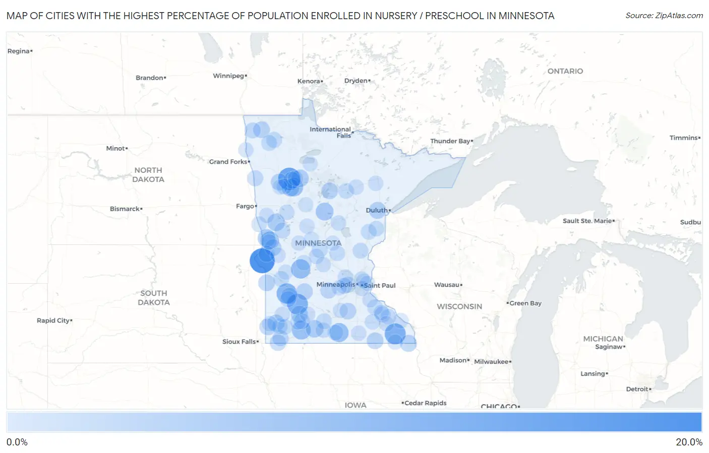 Cities with the Highest Percentage of Population Enrolled in Nursery / Preschool in Minnesota Map